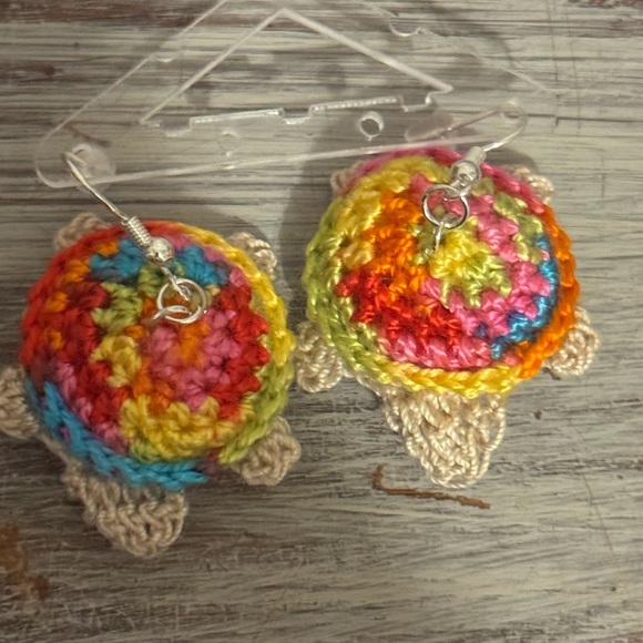 Hand Crafted Jewelry - Rainbow Crochet Turtle Earrings